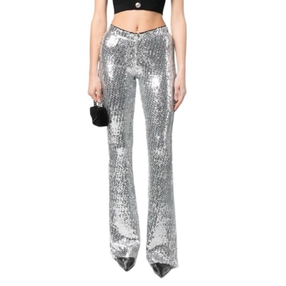 PINKO Sequin-Embellished Flared Trousers In Silver. Size 4